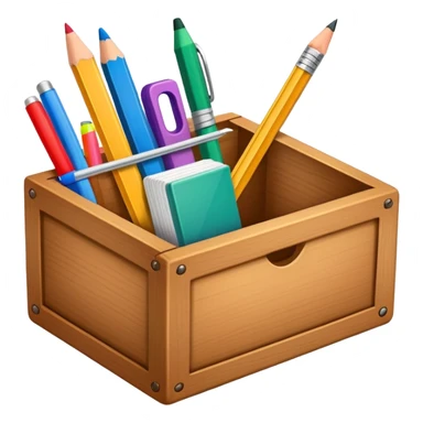 small box of teaching supplies with a pencil, ruler, and markers sticking out sticker