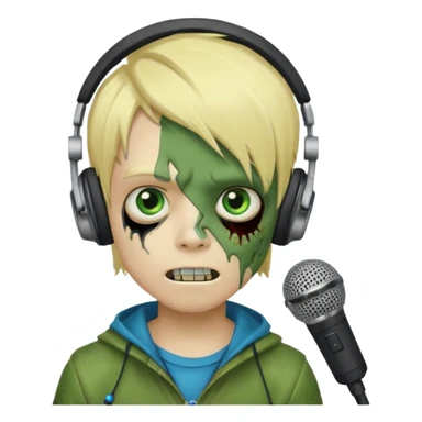 boy zombie whit blonde emo hair and eyes blue and GREEN SKIN and heandphones AND A MICROFONE AND GOLD TEETH  sticker
