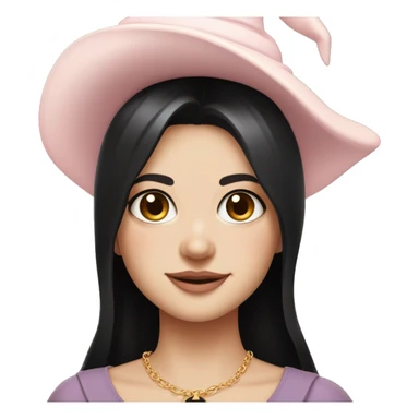 Witchy chocolate black haired brown eyed light freckles white girl with a witty smile a gold necklace and a black witch hat with a baby pink bow sticker