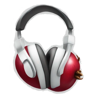 An IOS, Apple designed pomegranate emoji wearing headphones, facing to the right slightly. No face features. White background. Simple design. sticker