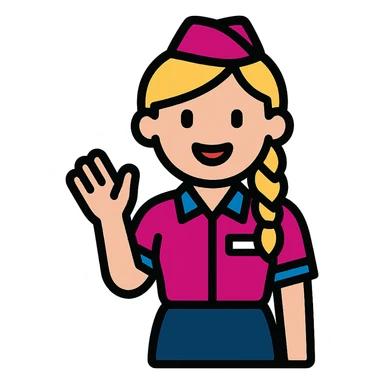 cartoon vector emoji of a Wizz Air flight attendant, blonde hair in side braid, vivid pink shirt with blue accents, navy skirt, name tag, upright and waving, stylized friendly flat design, matching colors of uniform, hair, and skin from reference photo, transparent background sticker