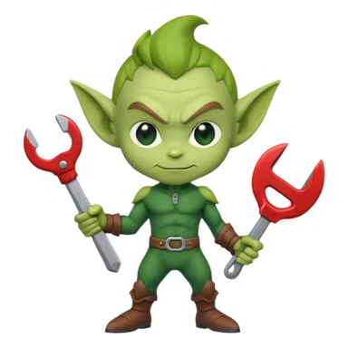 short green goblin, hold a wrench, cute chibi full body sticker