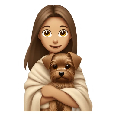 Brown haired girl wrapped in blanket hugs her Yorkshire terrier dog sticker