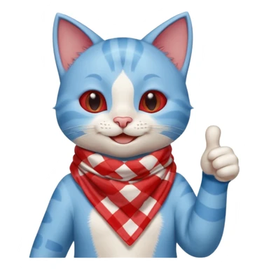 A Baby Blue Cat smiling and giving thumbs up, wearing red Checkered Triangle scarf sticker