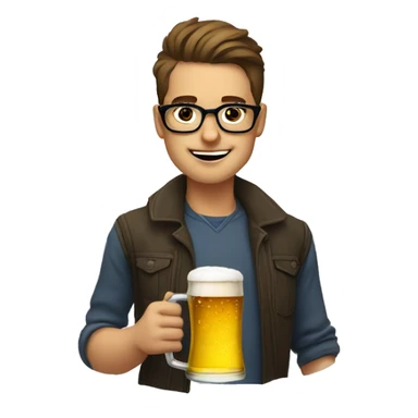 stylish young man with glasses drinking a beer by a cae sticker