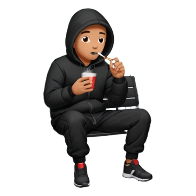 A man sitting on a chair, wearing a black puffed coat with hood and jogging pants, he is smoking a cigaret and drinks a coffee, he is freezing outsider, he is on a chair, the chair is an outside coffe terrasse black metal chair sticker