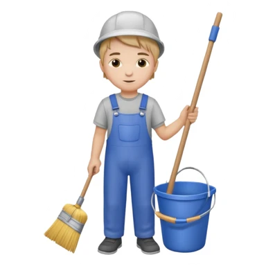Boy in cleaning clothes, holding a broom and a bucket sticker