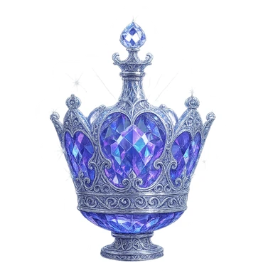 ultra luxurious crystal elixir bottle in crown shape, color #7986cb, extremely intricate multi-layered holographic and silver filigree, radiant crystal facets, magical glowing and sparkling effects, luminous light beams, very small neck, seamless ornate bottom, transparent background, bottle clearly floating in air, no base or shadow, not standing, modern, collection style, breathtakingly beautiful and refined sticker