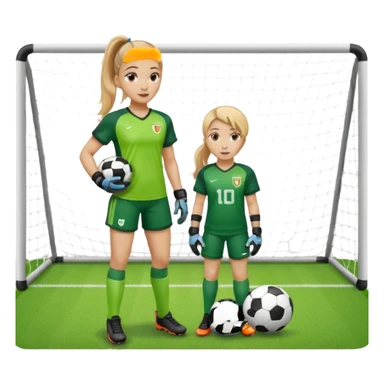 Make a dirty blonde football goalkeeper with goalkeeper gloves on holding a football. The girl is light skinned and wearing a football kit and football shoes. Standing in front of football goal. Wearing a ponytail with the dirty blonde hair sticker