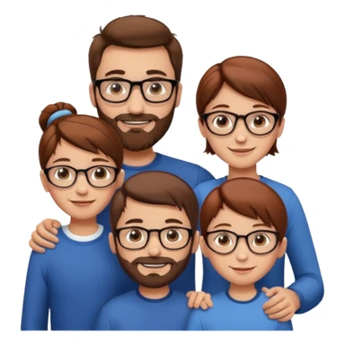 white European family smiling, tall man with brown hair and beard, shorter woman with brown hair in bun and glasses, 10-year-old boy with short brown hair, 8-year-old girl with long brown hair, 6-year-old boy with short red hair, emoji style sticker