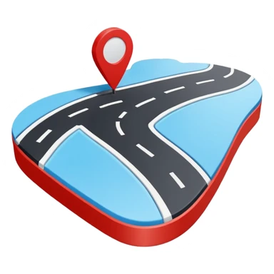 3D navigation map icon, simple curved road, location pin, smooth rounded shapes, Waze style, blue white and black colors, small red accents, clean minimal design, no background sticker