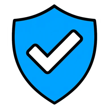 verification badge in shield shape with blue and white checkmark, icon style sticker