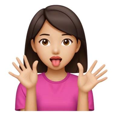 A Asian girl with her tongue out and hands by her side pushing away sticker
