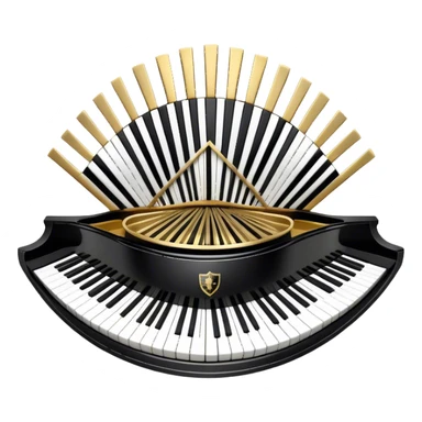 Create an elegant and festive emoji collage representing keyboard instruments, styled like a heraldic emblem. The design should feature a central focal point of black and white piano keys, arranged in a semi-circular or shield-like shape. Around the piano keys, add intertwining musical notes that form flowing ribbons, creating a dynamic and celebratory atmosphere. The design should be professional, with polished silver and gold accents on the keys and notes, highlighting the luxury and sophistication of the instruments. Add subtle shading and lighting effects to give the design a refined, 3D appearance. The background should remain transparent, and the overall feel should evoke grandeur, artistry, and a sense of celebration. sticker