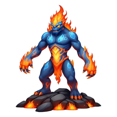 a mystical fast lava creature without arms with molten lava on its head and some rocky shoulders, full body, fire crystals, blue flames sticker