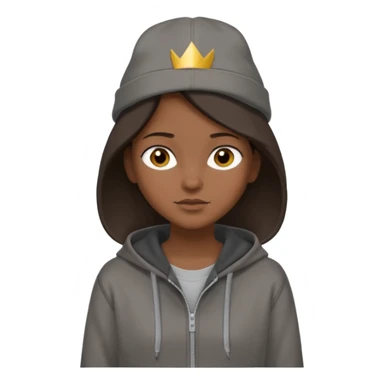 Hobo tomboy with shoulder-length center-parted dark brown hair. brown eyes, dark dull brown hoodie, grey shirt. Flat crown bolero hat sticker