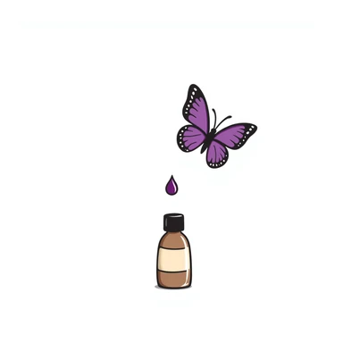 Small brown bottle floating with dim light, with a purple drop suspended in the air, slowly spinning in front of a luminous butterfly representing the thyroid gland sticker
