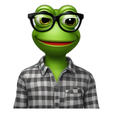 smiley face pepe the frog in black and red checkered shirt with square glasses for vision in cartoon style sticker