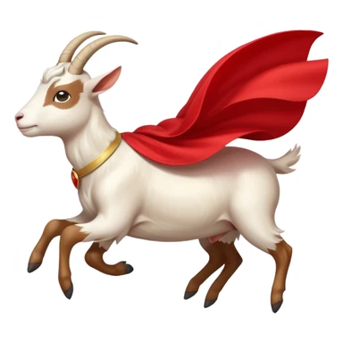 side view of white female goat wearing a read cape like superman sticker