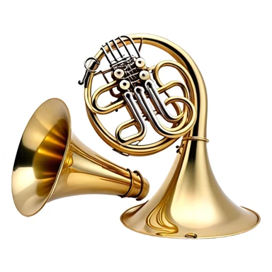 Create a refined and elegant emoji representing the Arnolds & Sons AHR-350 French horn. The design should feature the instrument's beautifully coiled brass body with its distinct flared bell, showcasing the high-quality craftsmanship. Include delicate details like the tuning valves, finger buttons, and elegant brass finish. Add subtle musical notes around the horn to symbolize its melodic sound. Use warm golden and brass tones to convey the luxury and professional quality of the instrument. The background should be transparent sticker