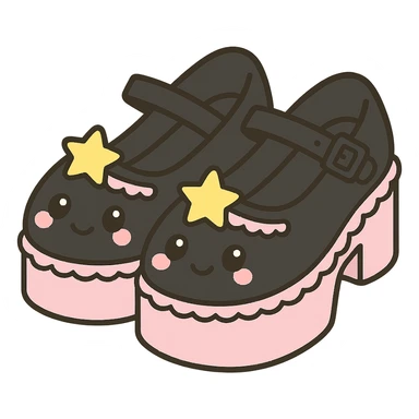 Refine the kawaii BLACKPINK-inspired gothic shoes by replacing bows with cute star charms and adding a subtle lace trim. Keep the black and pink color contrast, playful and stylish, no hearts, transparent background. sticker