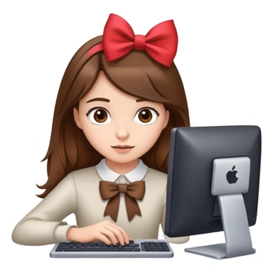 Girl brown hair with bow working on computer  sticker