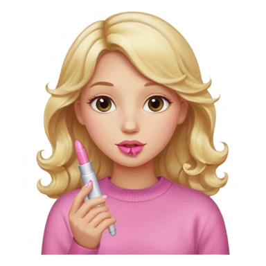 A long curled blonde haired girl with a pink sweater and holding a lip gloss sticker