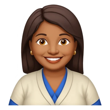 50 yr old chubby Sri Lankan woman, dark skin, straight brown hair, big smile, white teeth, european clothes, hair sticker