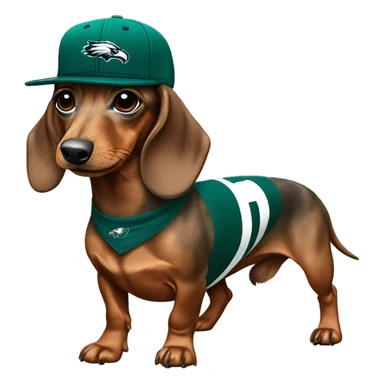 Miniature Brindle Dachshund wearing Philadelphia Eagles Hat with C on Jersey sticker