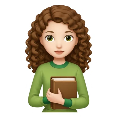 A girl with long brown curls and a green outfit holding a stacking book in her hand sticker