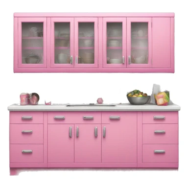 Realistic front facing bubblegum pink kitchen with hanging cabinets.  sticker
