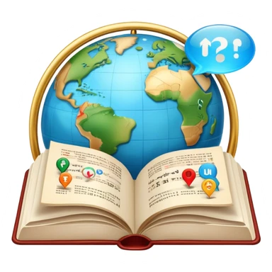 An icon featuring an open book with speech bubbles showing different alphabets—Latin, Cyrillic, Kanji. A globe and translation arrows symbolize global communication and language learning. Transparent background highlights cultural exchange and linguistic diversity. sticker
