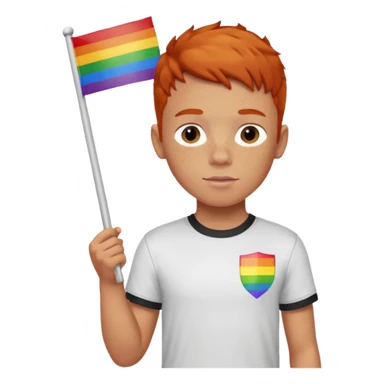 A gay, ginger, young, freckled, boy with a shirt with the name JUDE on it in red marker, holding a pride flag sticker