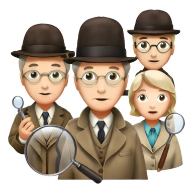 Icon for Detective Movies: A colorful collage with Sherlock Holmes, Miss Marple, and Pinkerton. Include magnifying glasses, clues, detective tools, a criminal and a policeman in the background. The design should evoke mystery and intrigue, with a classic detective movie feel. Transparent background. sticker