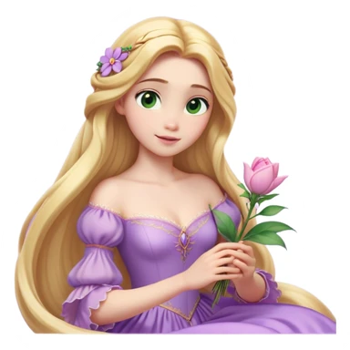 Cinematic Realistic Rapunzel Portrait, with porcelain-like skin featuring a subtle, natural glow, illuminated by soft lighting that brings out the gentle contours of her face. Her long, golden blonde hair cascades in detailed waves, each strand highlighted with a radiant shimmer as it catches the light. She playfully holds a flower in one hand, her other hand resting casually in her lap, with a warm and spirited expression. Her bright, expressive green eyes exude curiosity and warmth, framed by delicate lashes and soft, arched brows. She is dressed in her classic lavender and pink gown, the fabric textured with delicate folds that flow naturally, catching the light with a soft, radiant glow. The portrait captures a luminous, enchanting aura, seamlessly blending realism with a whimsical, fairytale charm, evoking a timeless sense of beauty and magic. sticker