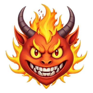 Create a dark-themed emoji of a demonic face with sharp, curved horns, glowing white eyes, an evil grin with large pointed fangs, and abstract flame-like patterns around the face. The background should be pure black. sticker