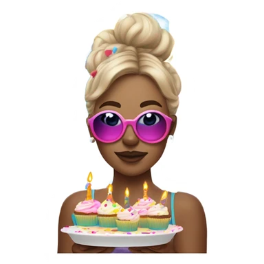 birthday girl celebrating Accessories:
Bright, multi-colored balloons floating nearby.
Confetti raining around her in vivid shades of pink, blue, yellow, and green.
A cupcake or slice of cake with a single lit candle in hand. sticker