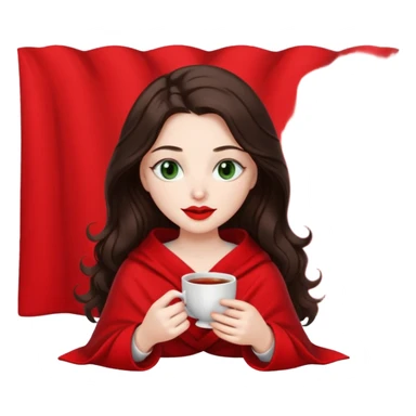Long wavy dark brown haired, white skinned, dark green eyed girl with red lipstick wrapped in a red and white blanket, sipping tea and reading a book sticker