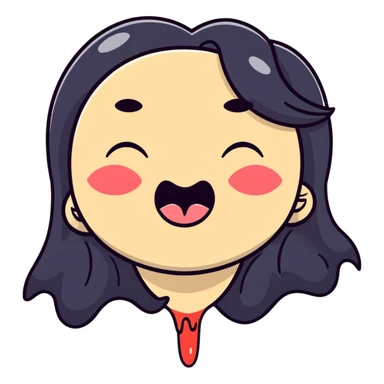 surprised and disgusted face with long black hair, goopy white liquid on cheeks, lips, and tongue, tongue sticking out, eyes shut, expressive cartoon look sticker