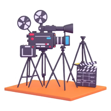 movie set with film crew, cameras, and clapperboard sticker