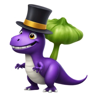Smiling eggplant with a top hat and riding a dinosaur sticker