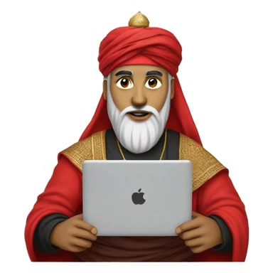 A caliph with turban and red clothes writing in a laptop sticker