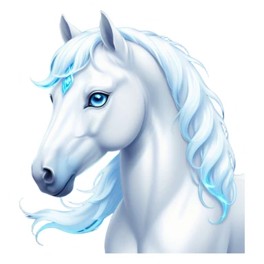 Cinematic Elegant White Horse Portrait Emoji, Head held high with a serene, graceful gaze, showcasing a magnificent pure white fur with a radiant shimmer, flowing mane and tail, and luminous blue eyes that exude beauty and grace, Simplified yet majestically refined features, highly detailed, glowing with a soft, ethereal light, high shine, poised and breathtaking, stylized with an air of pure elegance, capturing the essence of a stunning and graceful steed, so beautiful it feels like it could gallop out of the screen with effortless charm! sticker