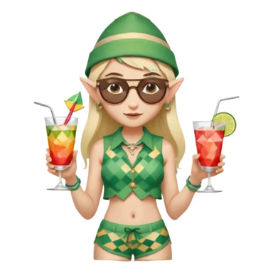 elf female legolas portrait, patterned board shorts (geometric/abstract), unique wooden-framed sunglasses, undercut hairstyle, slight smirk, visible pointy ears, no background, centered emoji, hipster summer vibe coctails with summer hat sticker