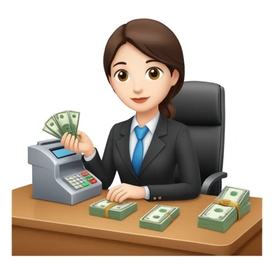 Bank teller at desk holding money  sticker