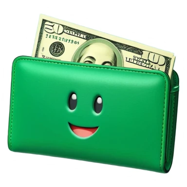 Rich emoji style green leather wallet with dollar bills, luxury money vibe, premium 3D emoji, ultra clean, high detail, no background sticker