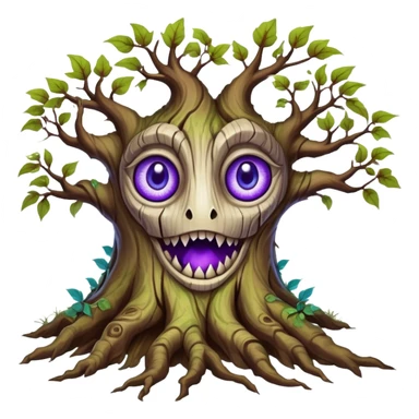 An ancient, psychic tree evolves by absorbing the essence of fallen autumn spirits, sprouting a radiant leaf, channels both forest wisdom and fiery seasonal magic through its gnarled. Purple eyes, blue eyes sharp teeth, bark wood skin, heterochromatic eyes sticker