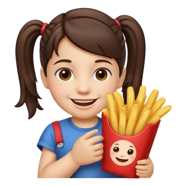 Toddler emoji with two pigtails dark brown hair, fair skin, holding French fries sticker