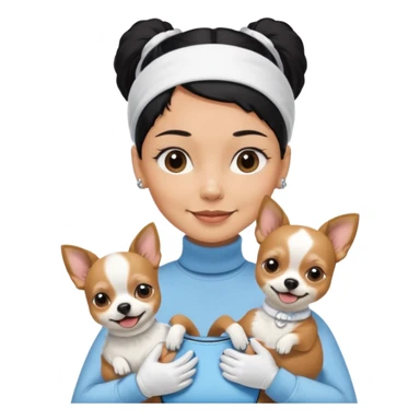  tan skin woman, with very short black hair slicked back ponytail with forehead showing, with white headband, wearing solid pastel blue turtleneck shirt, smiling carrying brown and white furry chihuahua inside dog purse sticker
