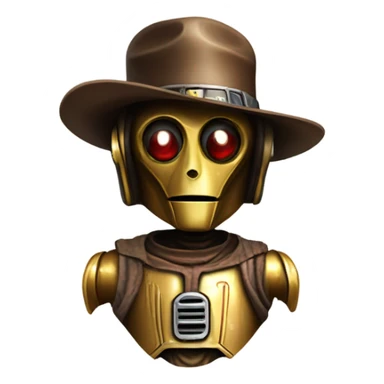 Old dirty west Bounty hunter C3po wearing small hat sticker